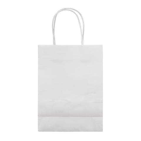 Kleinformatige, matte Papiertragetasche mit Griffen, die aus gedrehtem Papier gefertigt sind. Die Tasche hat einen ökologischen Look. Geeignet als Geschenktasche oder als Tasche für Mitbringsel. FSC-zertifiziert.