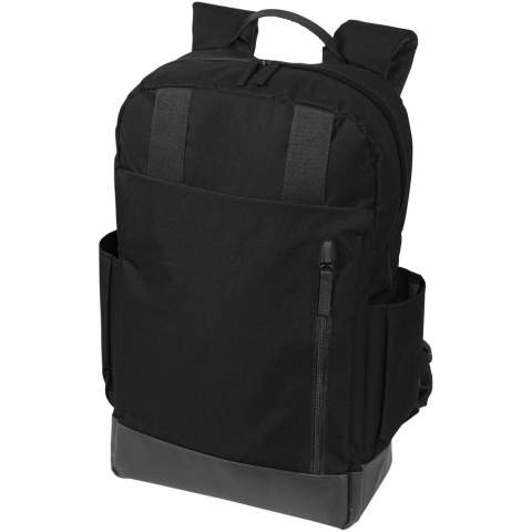 15.6" laptop backpack with space to store a tablet and an interior mesh pocket to keep all of your tech accessories. Includes a top flap to hold quick access items, side water bottle pockets and a front organizer to store pens, business cards, flash drives and snacks.