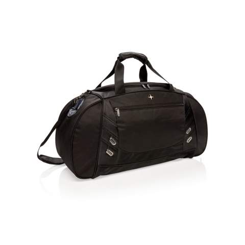 This 600D with 1680D polyester duffle bag offers sporty style for the gym or casual travel. Includes a roomy main compartment with a U-shaped top zipper closure, a side entry shoe compartment with air vent and a side bottle holder compartment. Front zippered quick-stash pocket for smartphones and other travel accessories. Adjustable shoulder strap and double top handles for carrying comfort and versatility. PVC free.<br /><br />PVC free: true