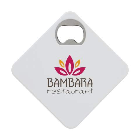 Coaster and metal opener in one. With non-slip base. Can be printed with your own photo, logo or own design in full colour.  Very suitable for sending as a mailbox gift.