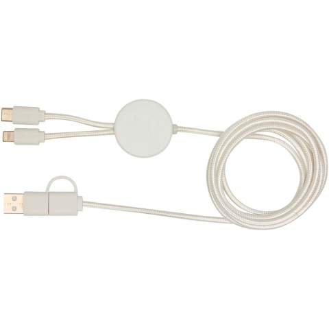 Das Chechia 27 W 5-in-1 Daten- und Schnellladekabel besteht aus recyceltem Kunststoff und ist mit verantwortungsvoll angebautem Bambus verziert. Das Kabel verfügt über einen USB-A- und einen Typ-C-Eingang sowie einen kombinierten Typ-C- und Lightning/Micro-USB-Ausgang. USB-A zu USB-C liefert max. 27 W Ausgangsleistung, alle anderen Anschlüsse max. 15 W. Kompatibel mit CarPlay und Android Auto. Ob zu Hause, im Büro oder unterwegs, das Chechia Kabel bietet Leistung und Stil in einem kompakten Paket. Länge des Kabels: 150 cm.