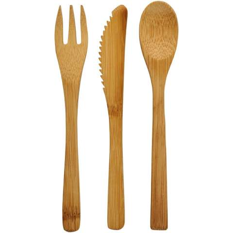 Besteckset aus Bambus, bestehend aus Gabel, Messer und Löffel. Wird in einem Vliesbeutel geliefert.