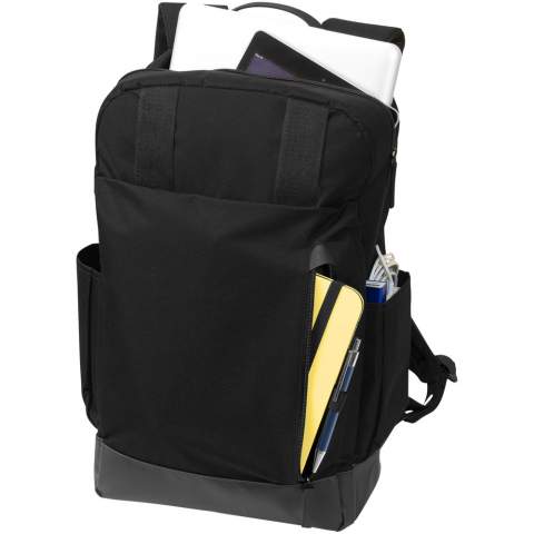 15.6" laptop backpack with space to store a tablet and an interior mesh pocket to keep all of your tech accessories. Includes a top flap to hold quick access items, side water bottle pockets and a front organizer to store pens, business cards, flash drives and snacks.