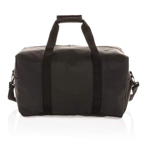This weekend duffel made of smooth PU is suitable for daily trips to the gym as it is for a weekend getaway. It features a boxy minimalist design and has an external front pocket, inside pocket and a large main compartment. The bag has a convenient shoe compartment on the side. This bag can be worn over the shoulder or crosswise with the adjustable fabric carrying strap or carried by hand with the sturdy fabric handles. Exterior 100% PU. Interior 100% 210D polyester. PVC free.<br /><br />PVC free: true