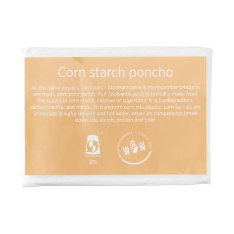 WoW! This reusable poncho is made from waste from corn production: 4% PLA, 60% PBAT and 36% cornstarch. The starch that remains as a by-product is called PLA. To make a kind of plastic (PLA) of maize, the maize grains are mixed with sulfur dioxide in hot water, so that all components in this mixture develop again into starch, proteins and fibres. The fibers are made into a kind of plastic, which can be used to develop a poncho. This poncho is much more durable in production than plastic ponchos. In addition, this material is also 100% biodegradable and 100% compostable. So it really disappears if it is accidentally thrown away in nature. The ponchos are transparent cream in color. Packed in a slipcover also made of the same material as the poncho itself with a design card in it with the sustainable story. Unfolded dimensions, measured without hood: 100 x 125 cm.
