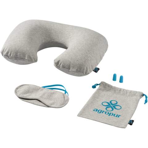Soft travelset contains an inflatable neck pillow with bright blue zipper, eyemask with bright blue elastic, bright blue soft earplugs and a soft pouch with bright blue drawstring closure.