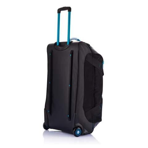 600D and 210D ripstop, large main compartment with zipper closure. Plenty of inside zipper pockets, including one detachable mesh zipper pocket. Aluminium trolley handle in matching colour. Including name card holder. The ultimate  travel bag.