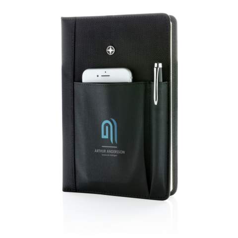 Executive 1680D and 600D polyester notebook cover with pen. Including removable notebook with 192 pages of 80g/m2 paper inside. Pocket on the cover can hold pen, cards, cash, mobile phone etc. Packed in Swiss Peak giftbox.<br /><br />NotebookFormat: A5<br />NumberOfPages: 192<br />PaperRulingLayout: Lined pages