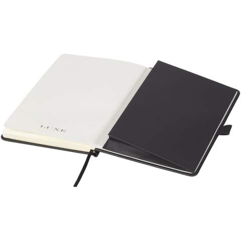 Notizbuch (Größe A5) in exklusivem Design, mit 80 g/m², 80 Blatt liniertes cremefarbenes Papier mit Innentasche hinten und Stiftschlaufe. Verpackt in einer Geschenkbox von LUXE.