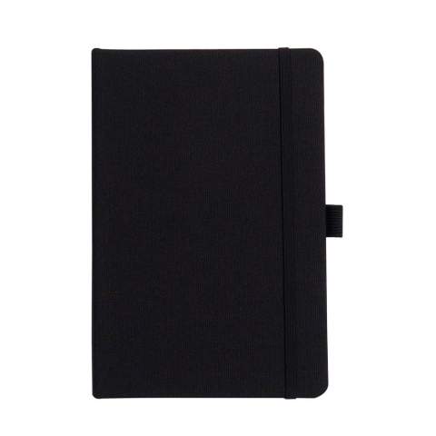Hardcover A5 note book made of R-PET. This stylish and sustainable notebook comes with an elastic penloop and strap. The 160 checkered pages are made of reycled paper.
