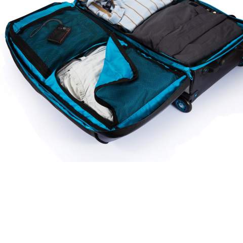 600D and 210D ripstop, large main compartment with zipper closure. Plenty of inside zipper pockets, including one detachable mesh zipper pocket. Aluminium trolley handle in matching colour. Including name card holder. The ultimate  travel bag.