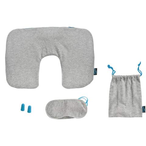 Soft travelset contains an inflatable neck pillow with bright blue zipper, eyemask with bright blue elastic, bright blue soft earplugs and a soft pouch with bright blue drawstring closure.