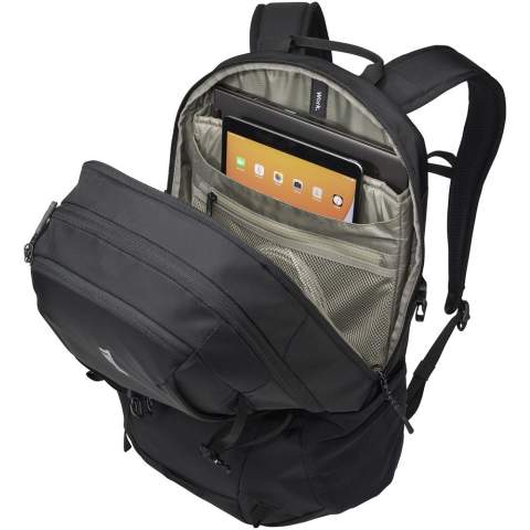 A versatile outdoor-inspired backpack that has multiple storage solutions to keep you organized on-the-go. Features elevated, dedicated pockets fitting a 16" MacBook® or 15.6" PC, and a 10.5" tablet, as well as an organization panel for smaller accessories. The secondary compartment is suitable for storing a change of clothes, accessories, or other personal items. The backpack has a sternum strap, padded back panel with airflow channel, and side compression straps to balance the load, making it more comfortable to carry. Constructed with Bluesign® approved 400D nylon with YKK zippers.