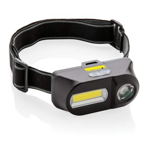 Lampe frontale en ABS à double tête avec une lumière COB de 180 lumens, parfaite pour éclairer une zone proche, et une lumière LED de 90 lumens pour éclairer les zones plus éloignées (jusqu'à 80 mètres). Les deux lampes ont trois modes : brillant, faible et clignotant.  Avec un bandeau élastique réglable de 42 cm pour porter l'article sur la tête ou sur un casque. Piles incluses pour une utilisation directe.<br /><br />Lightsource: COB LED<br />LightsourceQty: 2