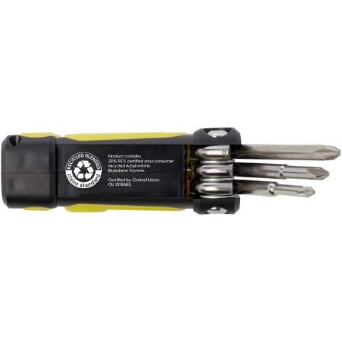 Compact 8-in-1 screwdriver set with torch made of 20% RCS certified recycled plastic. The Recycled Claim Standard (RCS) verifies the recycled content of a product throughout the entire supply chain. This practical tool features 2 LED lights, 3 Phillips heads and 3 flat heads. Comes with three LR44 batteries. Packed in a STAC gift box from sustainable sources.