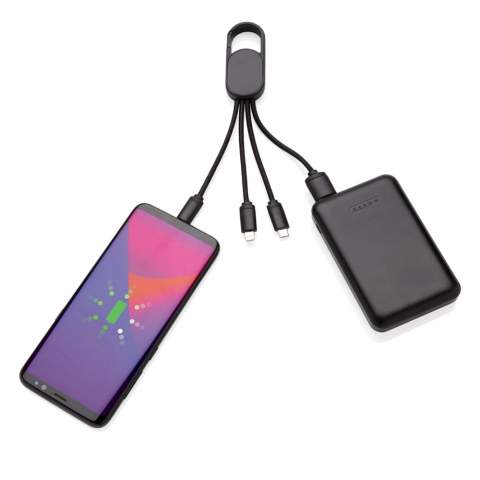 4 in 1 charging cable with carabiner. USB input plug and for output: double-sided connector for IOS devices, micro USB and type C output. Suitable for charging all common mobile devices. ABS material casing with 10 cm long nylon braided cables. Supports up to 2.1A charging.