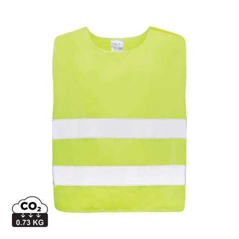 S-sized high-visibility vest designed for children aged 7 to 12, suitable for those with a height ranging from 90 to 155 cm. This vest offers a generous surface area for decoration, both on the front and back. It is equipped with hook and loop closures on the shoulders and at the base, providing additional safety and facilitating effortless vest donning. The opposing elastic bands ensure stretchability, enabling comfortable wear even over bulky coats. This vest has undergone testing and complies with EN 17353:2020 Type AB3. Moreover, it adheres to the PPE guidelines outlined in Regulation (EU) 2016/425 for Personal Protective Equipment Category II.  Made with GRS certified recycled PET. Total recycled content: 58% based on total item weight. GRS certification ensures a completely certified supply chain of the recycled materials.