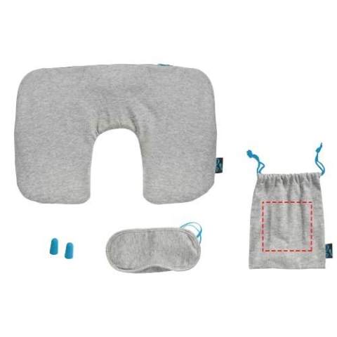 Soft travelset contains an inflatable neck pillow with bright blue zipper, eyemask with bright blue elastic, bright blue soft earplugs and a soft pouch with bright blue drawstring closure.