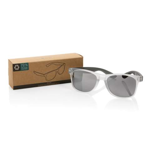 Sunglasses made with RCS certified recycled transparent PC frame. With colored mirrored lenses. Total recycled content: 72% based on total item weight. RCS certification ensures a completely certified supply chain of the recycled materials. The lenses are conform EN ISO 12312-1,UV 400 and CAT 3. Packed in a FSC® kraft box.<br /><br />PVC free: true