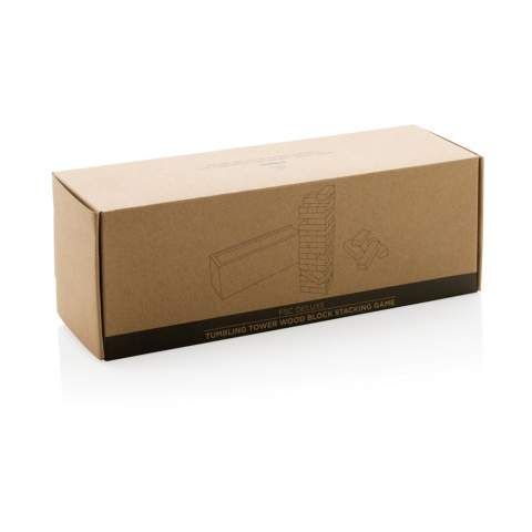 Hoe hoog kun je gaan? Kijk hoe hoog je de houten blokken kunt stapelen voordat ze omvallen met dit leuke tuimeltorenspel. De 48 blokken kunnen eenvoudig worden opgeborgen in de houten kist met deksel. Gemaakt van FSC®-gecertificeerd hout. Wordt geleverd in FSC®-gecertificeerde kraft geschenkverpakking.