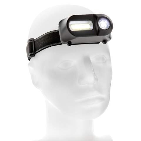 Lampe frontale en ABS à double tête avec une lumière COB de 180 lumens, parfaite pour éclairer une zone proche, et une lumière LED de 90 lumens pour éclairer les zones plus éloignées (jusqu'à 80 mètres). Les deux lampes ont trois modes : brillant, faible et clignotant.  Avec un bandeau élastique réglable de 42 cm pour porter l'article sur la tête ou sur un casque. Piles incluses pour une utilisation directe.<br /><br />Lightsource: COB LED<br />LightsourceQty: 2