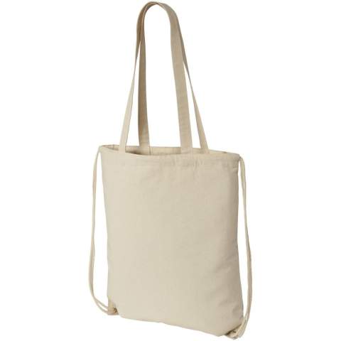 Multifunktionaler Baumwolltsportbeutel mit langen Griffen und Kordelzug, der als Tasche oder Rucksack getragen werden kann. Großes Hauptfach mit Kordelzugverschluss. Mit zwei herunterklappbaren Griffen von 31 cm Länge. Kapazität: 1,5 l, für bis zu 5 kg Gewicht.