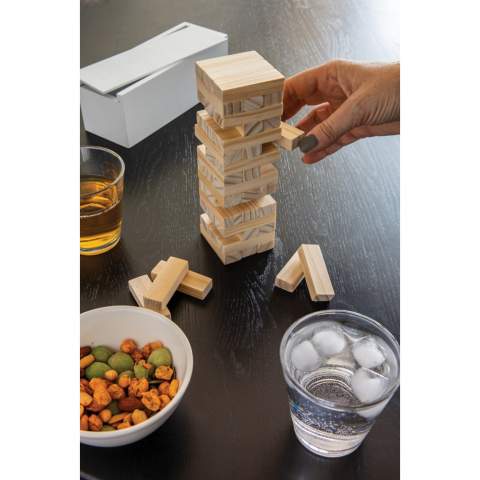 How high can you go? See how high you can stack the wooden blocks before they tumble with this fun tumbling tower game. The 48 blocks can be easily put away in the wooden box with lid. Made with FSC®certified wood. Comes in FSC®certified kraft gift packaging.