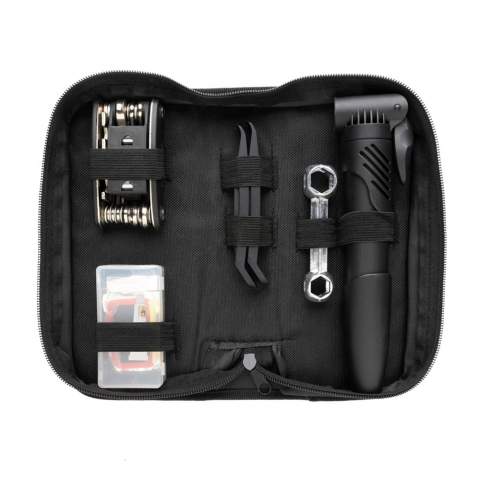 Luxury bike repair set in 600D pouch.  The set contains  6pcs rubber repair patches, 1 pc tinplate grater, 2pcs latex valve tubes, 1pc glue, 2pcs nylon lever, 1pc aluminum alloy bone wrench,  1 pc carbon steel 16-in-1 multi tools, 1 nylon Pump. The 16 in 1 wrench includes: Hex wrench 2mm/2.5mm/3mm/4mm/5mm/6mm each; socket wrench 8mm/9mm/10mm each; Slotted Screwdriver, Phillips Screwdriver, Socket Extension Rod,; flat wrench 8/10/15/mm, spoke wrench/14GE.