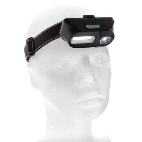 Lampe frontale en ABS à double tête avec une lumière COB de 180 lumens, parfaite pour éclairer une zone proche, et une lumière LED de 90 lumens pour éclairer les zones plus éloignées (jusqu'à 80 mètres). Les deux lampes ont trois modes : brillant, faible et clignotant.  Avec un bandeau élastique réglable de 42 cm pour porter l'article sur la tête ou sur un casque. Piles incluses pour une utilisation directe.<br /><br />Lightsource: COB LED<br />LightsourceQty: 2