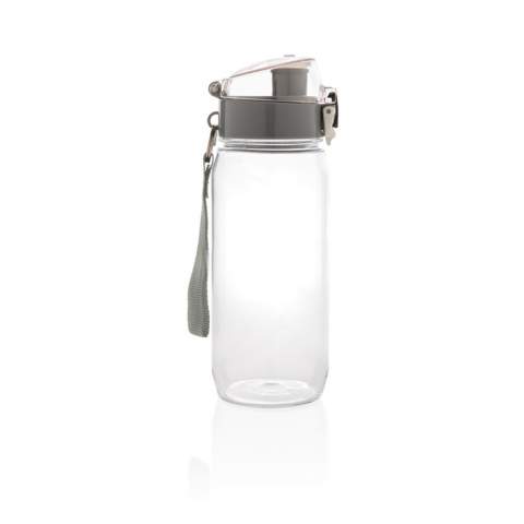 600ml Tritan bottle with lockable cap and press-to-open function. The bottle has a strap to make carrying easy.