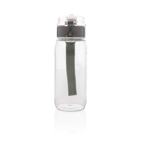 600ml Tritan bottle with lockable cap and press-to-open function. The bottle has a strap to make carrying easy.