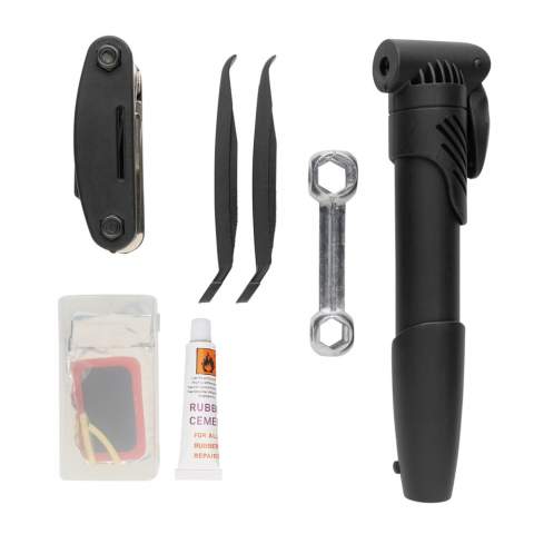Luxury bike repair set in 600D pouch.  The set contains  6pcs rubber repair patches, 1 pc tinplate grater, 2pcs latex valve tubes, 1pc glue, 2pcs nylon lever, 1pc aluminum alloy bone wrench,  1 pc carbon steel 16-in-1 multi tools, 1 nylon Pump. The 16 in 1 wrench includes: Hex wrench 2mm/2.5mm/3mm/4mm/5mm/6mm each; socket wrench 8mm/9mm/10mm each; Slotted Screwdriver, Phillips Screwdriver, Socket Extension Rod,; flat wrench 8/10/15/mm, spoke wrench/14GE.