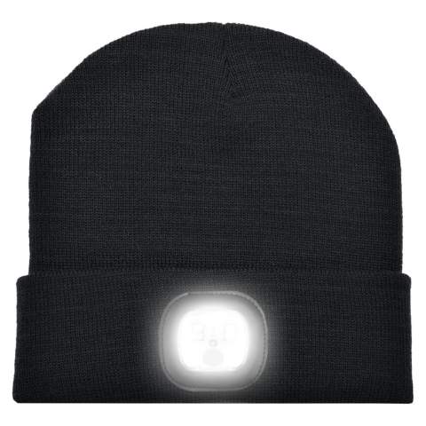Stand out in the dark! With this hat of 100% polyacryl including a LED light on the front, you will be well visible in the dark days. Complete the hat with your own design by adding a label. This cool product is a great promotional item to make your company stand out. The lamp is rechargeable via USB port and can be removed from the hat so that it can be washed.