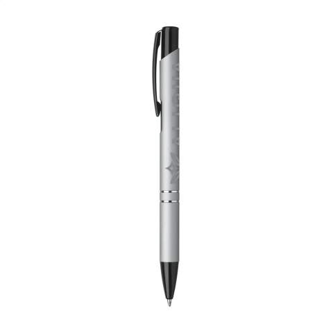 Blue ink ballpoint pen with black painted push button/clip and tip, chrome interlaces. The barrel is finished with a rubberised finish.