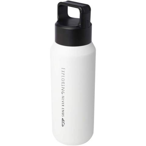 Bouteille isotherme sous vide en acier inoxydable à double paroi en cuivre, certifiée RCS et dotée d’un couvercle avec mousqueton intégré pour un accrochage facile à un sac ou à une ceinture. Convient également aux boissons gazeuses. Livré dans un coffret cadeau en carton recyclé. Capacité : 600 ml.