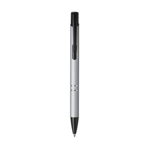 Blue ink ballpoint pen with black painted push button/clip and tip, chrome interlaces. The barrel is finished with a rubberised finish.