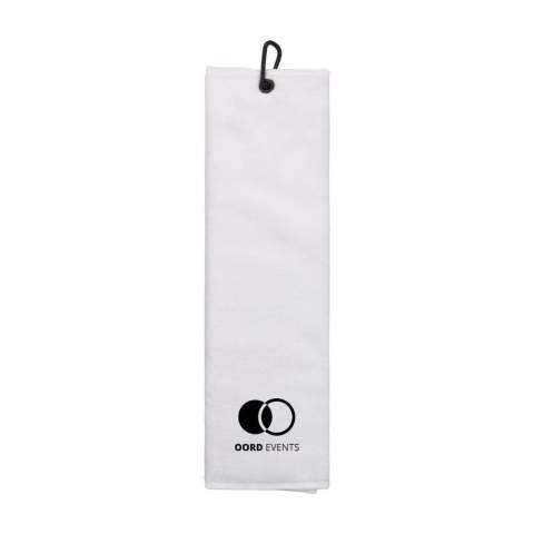 550 g cotton golf towel folded thrice with carabiner, size 13 x 50 cm