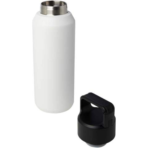 Bouteille isotherme sous vide en acier inoxydable à double paroi en cuivre, certifiée RCS et dotée d’un couvercle avec mousqueton intégré pour un accrochage facile à un sac ou à une ceinture. Convient également aux boissons gazeuses. Livré dans un coffret cadeau en carton recyclé. Capacité : 600 ml.