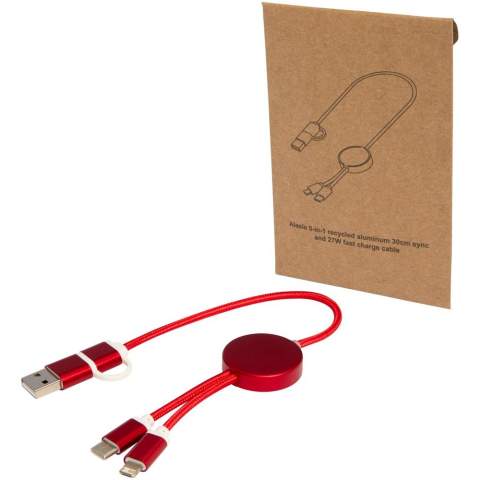 Le câble 5-en-1 de synchronisation des données et de charge rapide 27 W Alasia est fabriqué à partir d’aluminium et de plastique recyclés, élégants et durables à la fois. Ce câble est doté de connecteurs d’entrée USB-A et Type-C combinés à un connecteur de sortie Type-C et combi Lightning/Micro USB. L’USB-A vers l’USB-C fournit une puissance de sortie maximale de 27 W. Toutes les autres options de connexion offrent une puissance maximale de 15 W. Compatible avec CarPlay et Android Auto. Que vous soyez à la maison, au bureau ou en déplacement, le câble Alasia offre performance et style dans un ensemble compact. Longueur du câble : 30 cm.