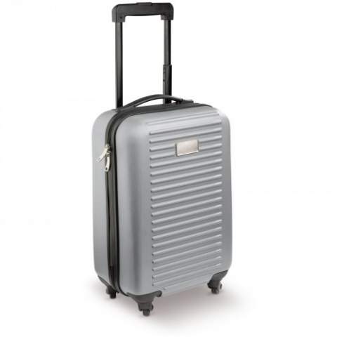 Cabin size trolley with one main compartment with grey lining. The suitecase has a double zipper and four spinner wheels. Metal plate for printing. Individually packed in a box.