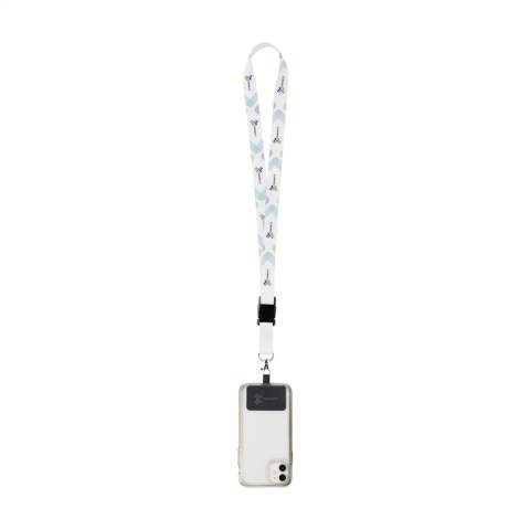 Lanyard made from strong woven RPET polyester (made from recycled PET bottles). Supplied with a metal carabiner and a universal patch. The lower part of this product can be disconnected via a plastic buckle.  The patch makes it possible to attach your smartphone to your lanyard. With this combination, you can carry your smartphone safely around your neck. This ensures that you have your phone quickly at hand and you can keep your hands and clothing pockets free. This patch is compatible with most smartphone and case combinations, but not with cases with an open bottom. The system is designed so that your phone's charging port is not blocked, even when attached to the lanyard.  Including full-colour sublimation print on the lanyard. Made in Europe.