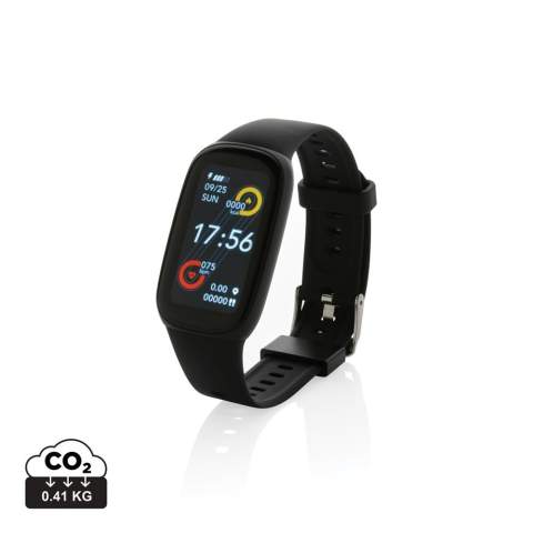 The tracker that helps you find more energy and makes you feel at your best. The tracker is waterproof (IP67) with comfortable recycled TPU  wristband to wear the bracelet both day and night. With easy to use large 1.47” Full touch OLED colour screen. Made with RCS (Recycled Claim Standard) certified recycled TPU  armband and ABS frame. Total recycled content: 28% based on total item weight. RCS certification ensures a completely certified supply chain of the recycled materials. Including free APP. BT5.0. Functions: Message reminder, Intelligent alarm clock, Clock, Step count, Distance, Calories, Heart rate & Blood pressure monitoring, Blood oxygen monitoring, Multi-sport mode (11) ,Walking, Running Mode, Riding mode, Sit-up mode etc.), Music control, Message notifications, Sleep mode, Incoming call, Stopwatch. Start your healthier lifestyle today. Standby time of 20 days and working time up to 10 days. Packed in FSC® mix kraft packaging. Item and accessories 100% PVC free.<br /><br />HasBluetooth: True<br />PVC free: true
