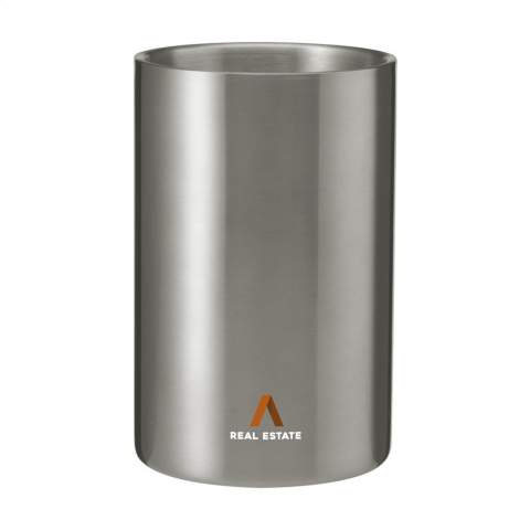 WoW! Double-walled wine cooler made from recycled stainless steel. This sleekly designed cooler keeps a bottle of wine or champagne at the perfect temperature. RCS-certificated. Total recycled material: 45%.  Stainless steel can be recycled many times whilst retaining the quality of the material. By using recycled stainless steel, fewer new raw materials are needed. This means less energy consumption and less use of water. Each item is supplied in an individual brown cardboard box.