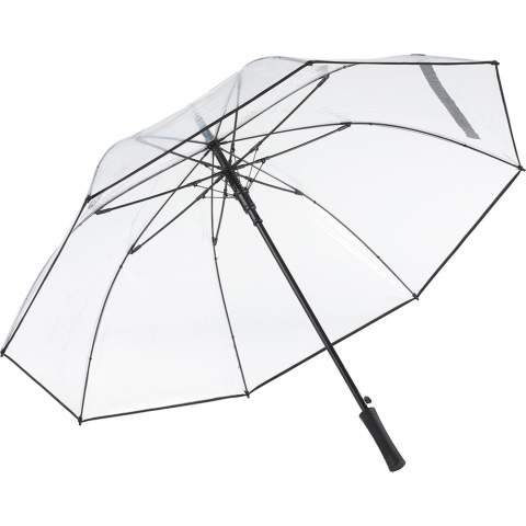 Attractive automatic golf umbrella for two people with transparent cover and coloured details Convenient automatic function for quick opening, high quality windproof system for maximum frame flexibility in stormy conditions, flexible fibreglass ribs, colour-coordinated design elements, straight matt black plastic handle with promotional labelling option, higher corrosion protection due to galvanized steel shaft