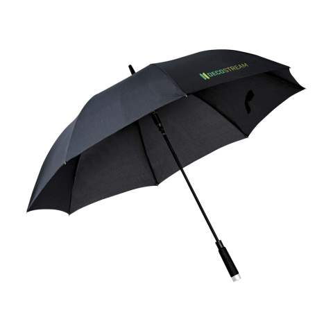 Parapluie avec toile en nylon 190T pongée, fonction anti-vent, ouverture automatique, cadre et manche en fibre de verre, poignée en mousse et fermeture par bande auto-agrippante.