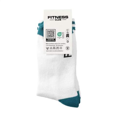 Comfortable sports socks from the Kingly brand. These durable, high-quality socks are made from premium upcycled yarn sourced from textile waste and consist of a blend of 85% upcycled cotton, 12% regenerated polyamide from post-consumer material and 3% elastane. They have a snug, comfortable fit, a full terry lining for extra comfort throughout the day and reinforced heel and toe areas for extra durability.    The socks can be personalised with a knitted, customised design in up to 6 colours. Choose from 6 yarn colours of upcycled cotton and 50 colours of regenerated polyamide. Each pair is packed with a recycled label that can be printed with your own full-colour design - creating socks that perfectly match your brand identity.    Available sizes M (36-39) and L (40-46). Minimum order quantity: 50 pairs per size and per design.    OEKO-TEX and GRS-certified. Made in Europe.