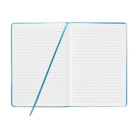 Notebook in A5 size. With approx. 80 pages of 70 grams cream coloured, lined paper. With hard cover in neon colour, elastic fastener, bound back and ribbon marker. Easy to find in your document bag because of the striking colour.
