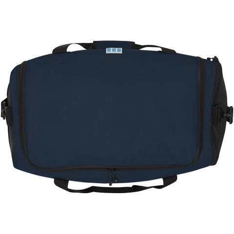 Sustainable GRS certified RPET duffel bag made with 55% recycled materials. Features a large zippered main compartment, a reinforced base panel, a side mesh pocket, and an expandable wet/dry zippered pocket. Comes with a small zippered internal pocket for organization, removable and padded shoulder strap, grab handles with padded velcro closure, and an extra grab handle on the bottom right side.