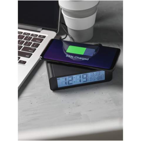 The Seconds wireless charging clock with alarm function can be used on any desk or night stand. Always know what time it is while using the top to charge your wireless charging enabled smartphone. The clock can also show temperature in either Celsius or Fahrenheit. Supports wireless charging at up to 1A. Wireless charging only works with devices that support it. For devices that don’t support wireless charging, an external wireless charging receiver or receiver case is required. Includes Micro USB charging cable.