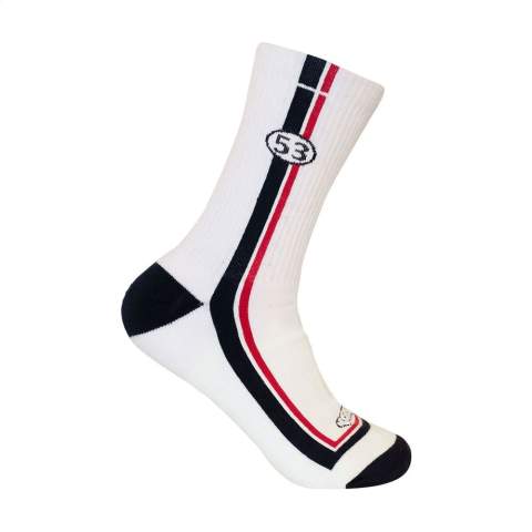 Comfortable sports socks from the Kingly brand. These durable, high-quality socks are made from premium upcycled yarn sourced from textile waste and consist of a blend of 85% upcycled cotton, 12% regenerated polyamide from post-consumer material and 3% elastane. They have a snug, comfortable fit, a full terry lining for extra comfort throughout the day and reinforced heel and toe areas for extra durability.    The socks can be personalised with a knitted, customised design in up to 6 colours. Choose from 6 yarn colours of upcycled cotton and 50 colours of regenerated polyamide. Each pair is packed with a recycled label that can be printed with your own full-colour design - creating socks that perfectly match your brand identity.    Available sizes M (36-39) and L (40-46). Minimum order quantity: 50 pairs per size and per design.    OEKO-TEX and GRS-certified. Made in Europe.